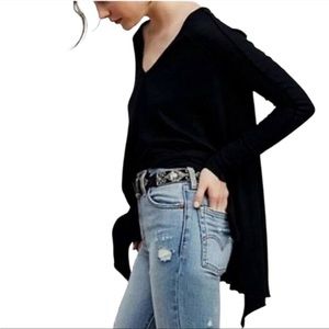 Free People Black Waffle Knit Thermal V-Neck Asymmetrical Oversized Top M